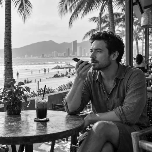 A traveller at a beach cafe in Da Nang speaks into his phone.