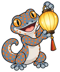 Kay, the Tokay gecko, holds up a Hoi An silk lantern.