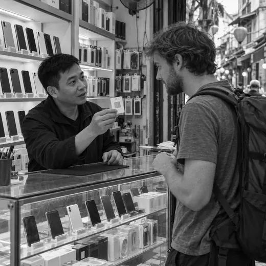 A traveller waits at the counter of a phone shop while the seller holds up a SIM card.