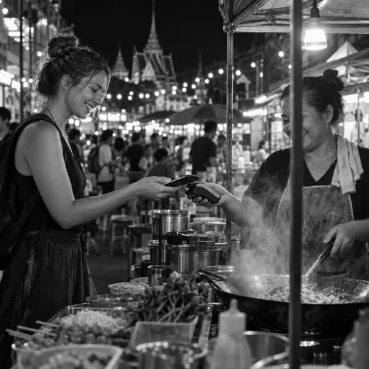 A traveller pays with her phone at a night market food stall.