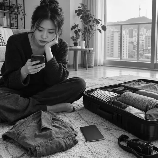 A traveller sits on her floor next to a half-packed suitcase and sets up her phone.