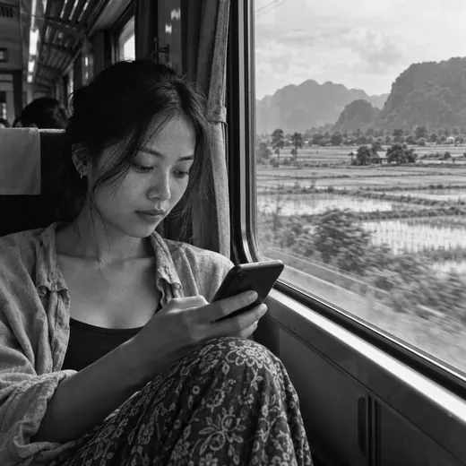 A traveller reads her phone on a train passing rice fields.